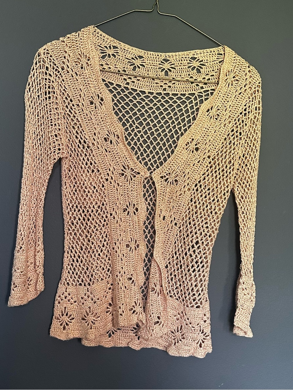Crochet Open-Knit V-Neck Sweater Cardigan - Beige